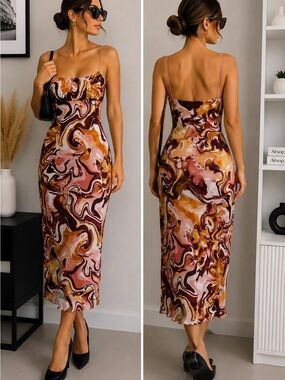 Abstract Marble Print Midi Dress ✨🤎